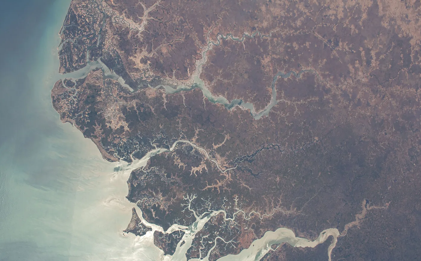 The winding Geba river and the coastline of Guinea-Bissau photographed from the International Space Station