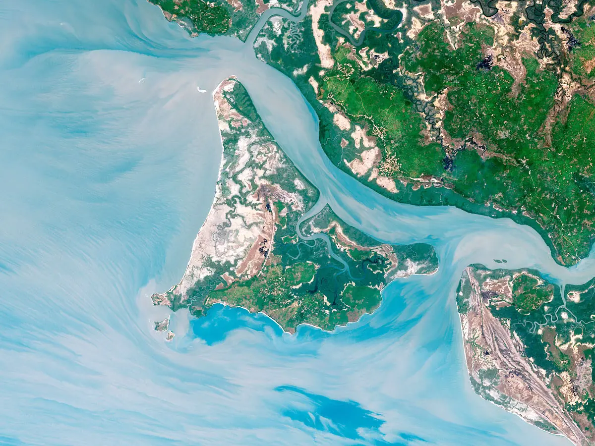 Jeta island and its pale sandbanks on the Atlantic coast of Guinea-Bissau seen from space