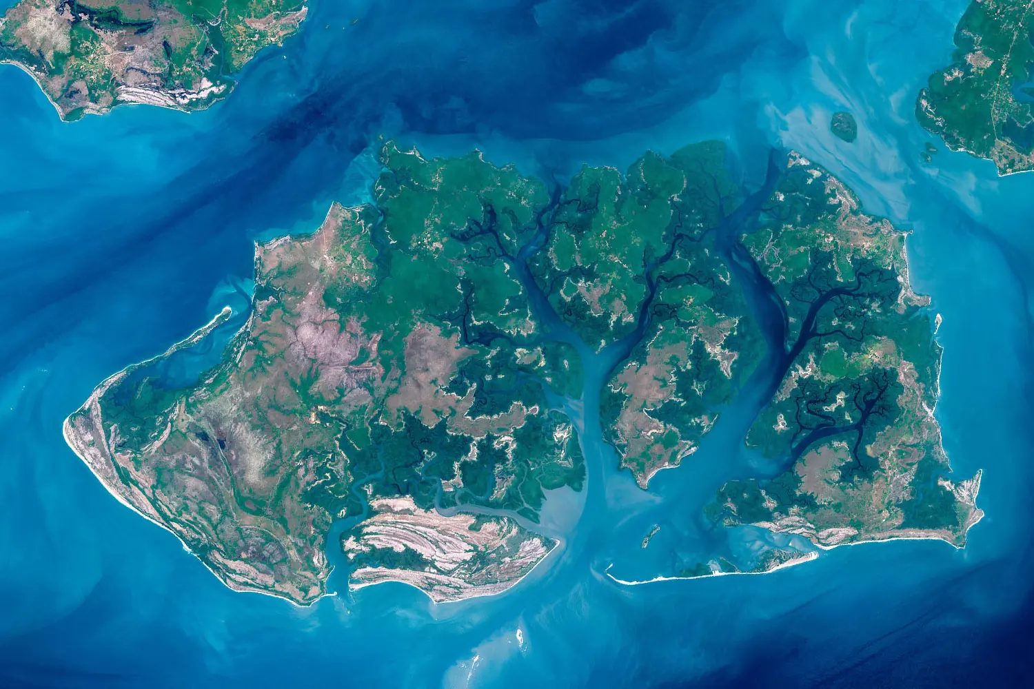 Orango and the neighbouring islands of the Bijagós archipelago seen from space, with mangrove creeks cutting into the land
